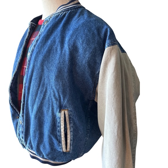 TODAYS NEWS Denim Varsity Jacket Beige Sleeve Quilted Mens Size XL 42-44 - Picture 2 of 10